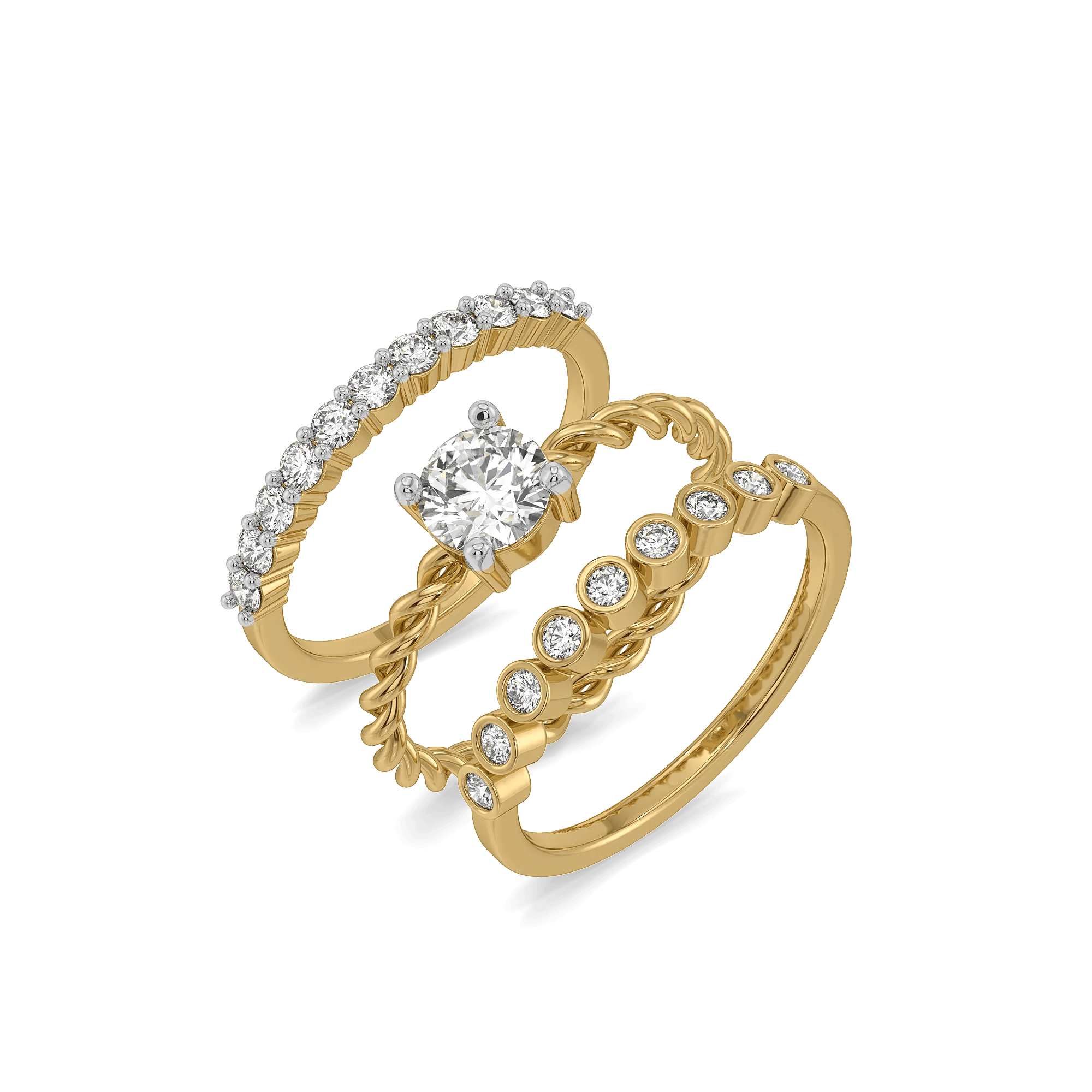 Twist Crown - Pure Gold Lab Diamond Solitaire Stack Ring Set — image 1